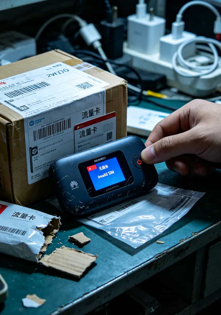 华为5G随身WiFi配上500g大流量卡,真能省出一个月的烟钱?我折腾三年告诉你答案 物联卡被封后的设备提示页面实拍
