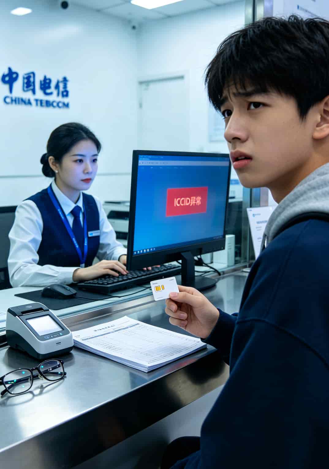 一张流量卡省出两双球鞋?电信29元超级流量卡免费办理实测+避坑 营业厅工作人员在查系统,显示物联卡异常