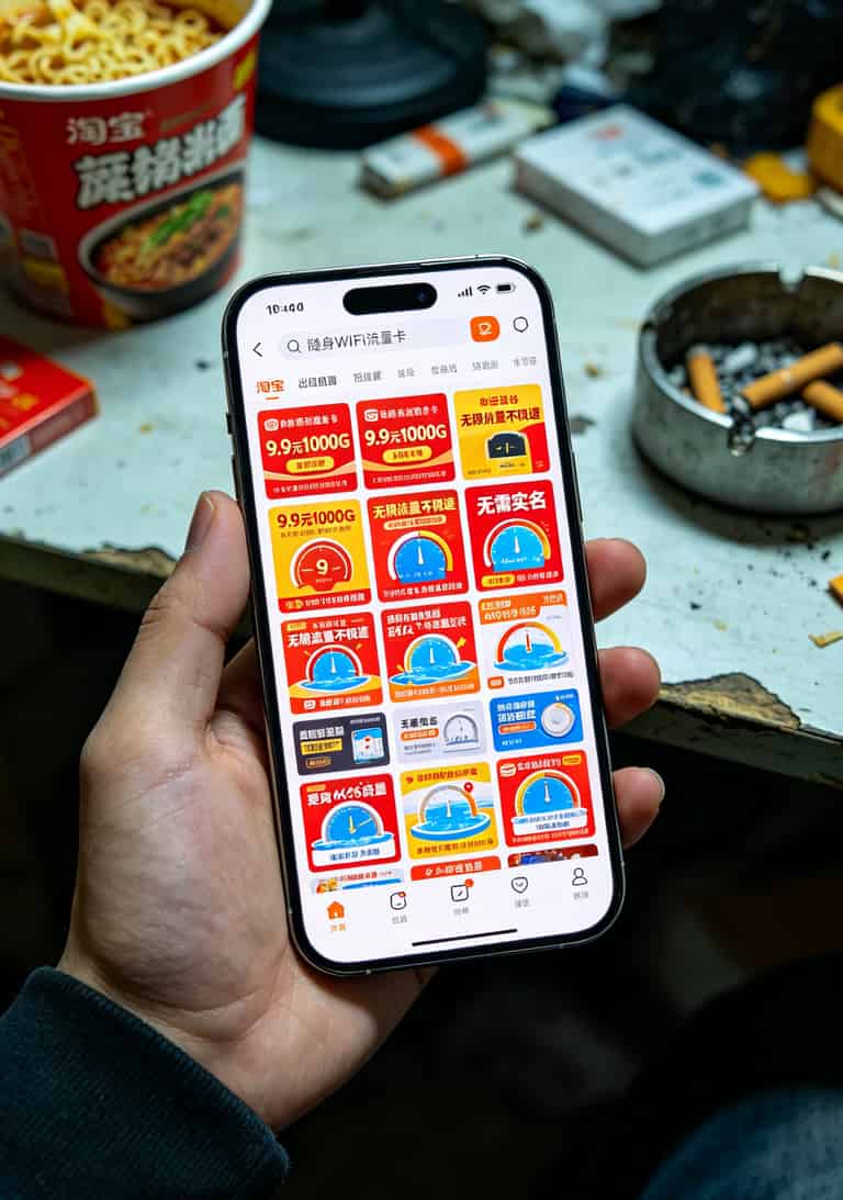 华为随身WiFi网速慢?别砸设备!先“比较流量卡”,三张卡轮一遍你就懂了 手机淘宝搜索“随身WiFi流量卡”的结果页面,大量9.9元1000G的广告