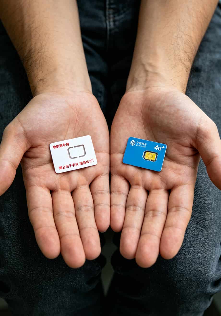 华为随身WiFi哪种流量卡最配?大流量卡全国通用流量我替你踩了6次坑 物联网卡与正规SIM卡外观对比图,标出“物联网专用”字样位置