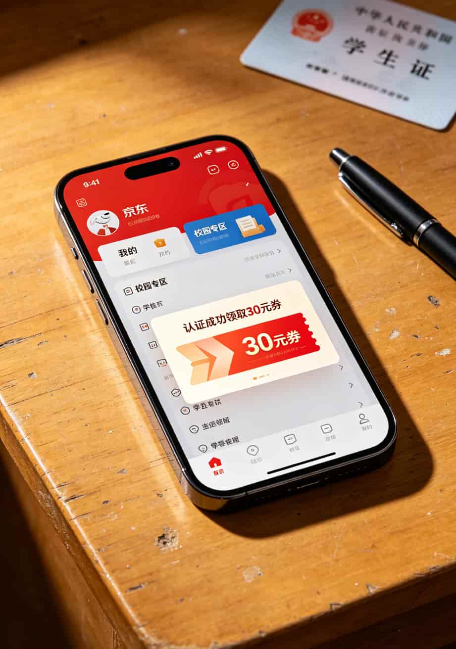 一张5g电信流量卡折腾我仨月,京东校园卡那30块我是真领到了(附避坑地图) 京东校园卡30元无门槛领取流程图解,展示从首页到校园专区再到认证成功的手机截图