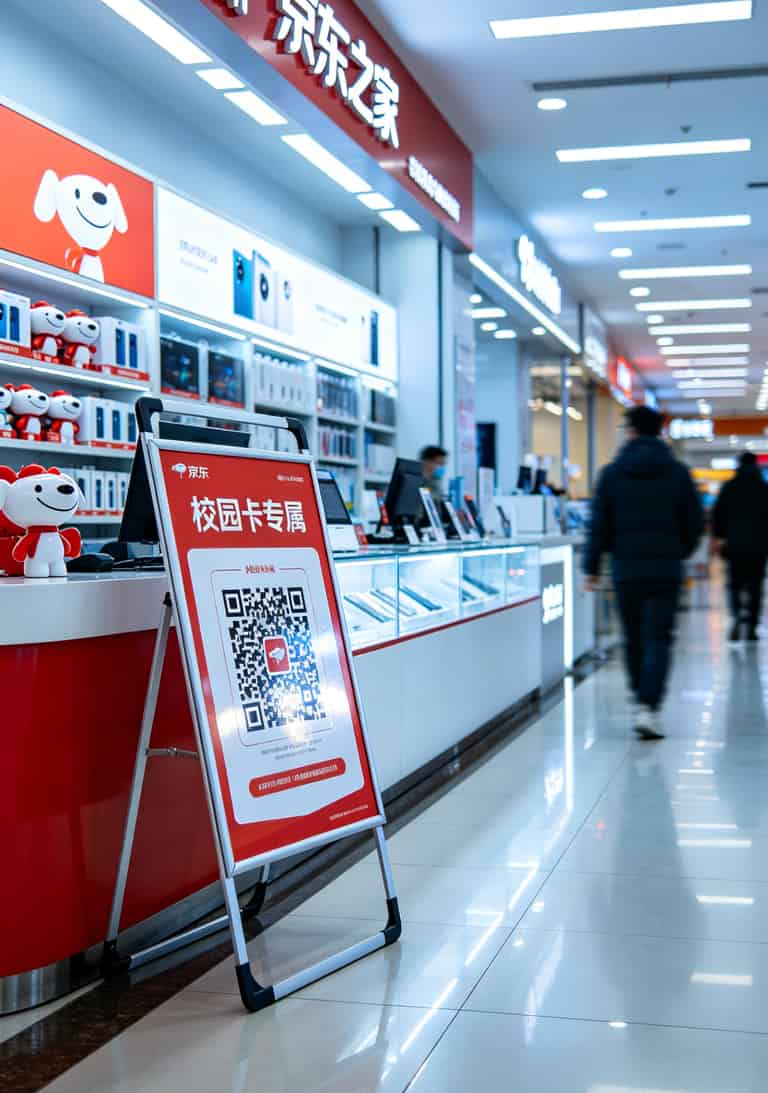 京东之家门店内景，收银台旁边的校园卡宣传立牌