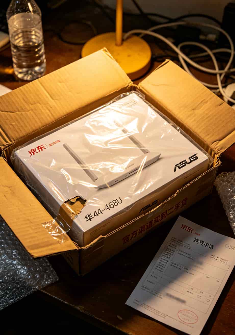 京东自营购买的华硕4G-AC68U包装盒，塑封膜有褶皱痕迹