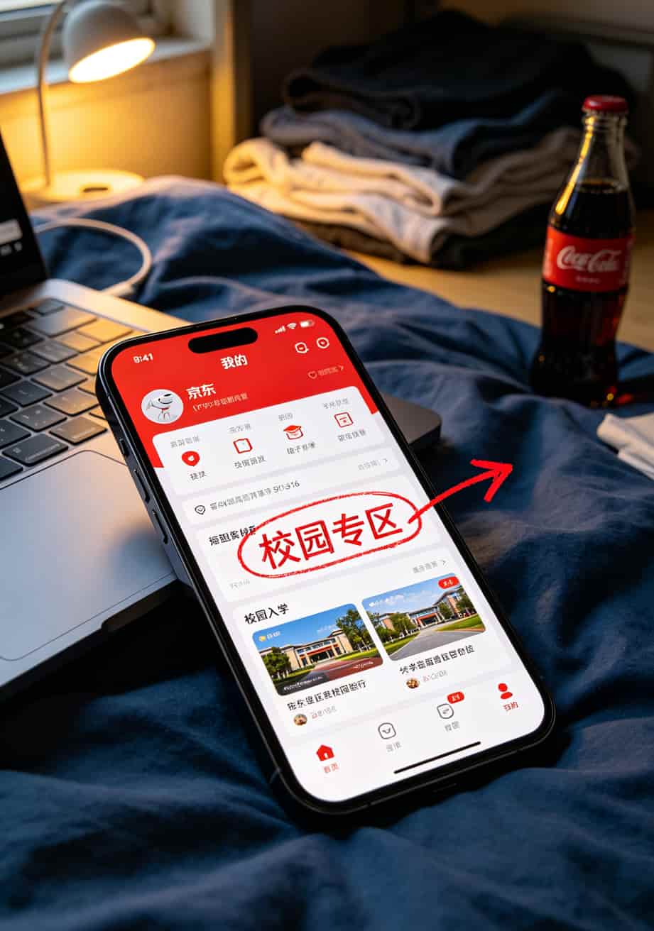 一张5g电信流量卡折腾我仨月,京东校园卡那30块我是真领到了(附避坑地图) 京东校园卡学生认证操作界面截图,箭头标注“校园专区”入口位置