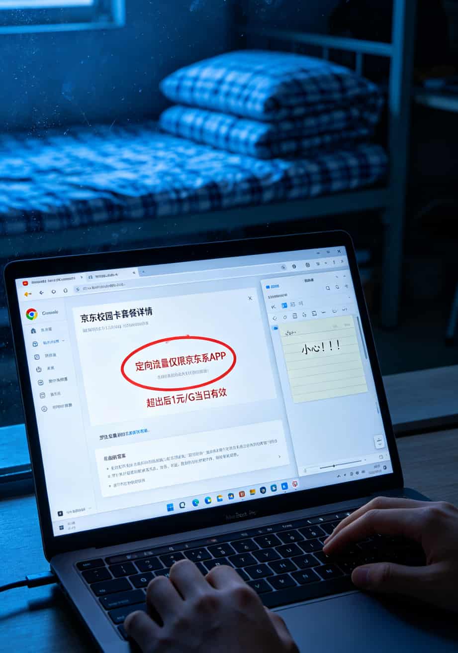 办了张电信500g流量卡上网,结果京东校园卡这破充值系统差点让我多花两百块 京东校园卡套餐小字条款截图,圈出定向流量限制和日租宝规则