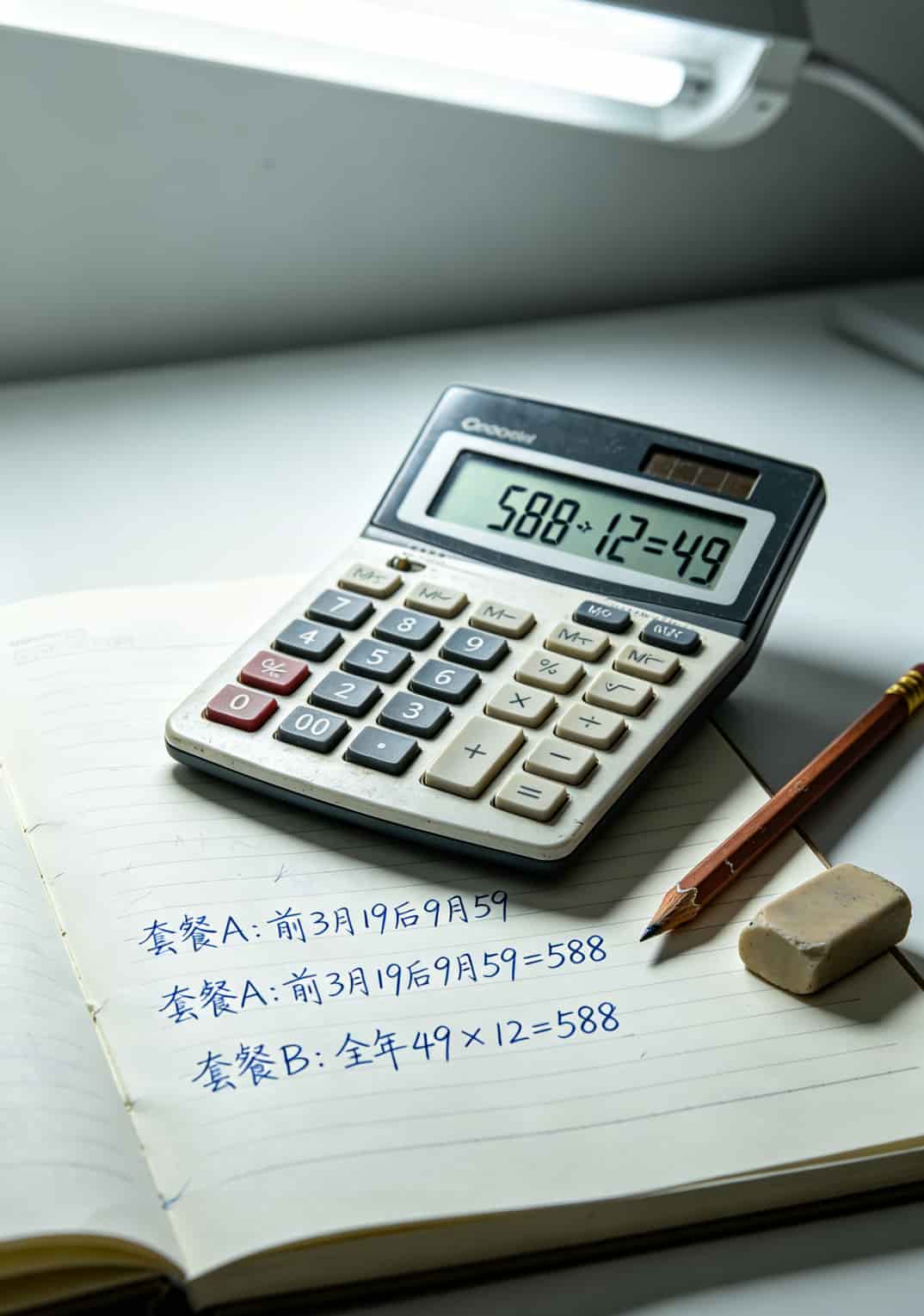 充流量的卡别再乱买了!实测8款,月均30-50块才靠谱,低于这个数9成有坑 计算器上显示588除以12等于49