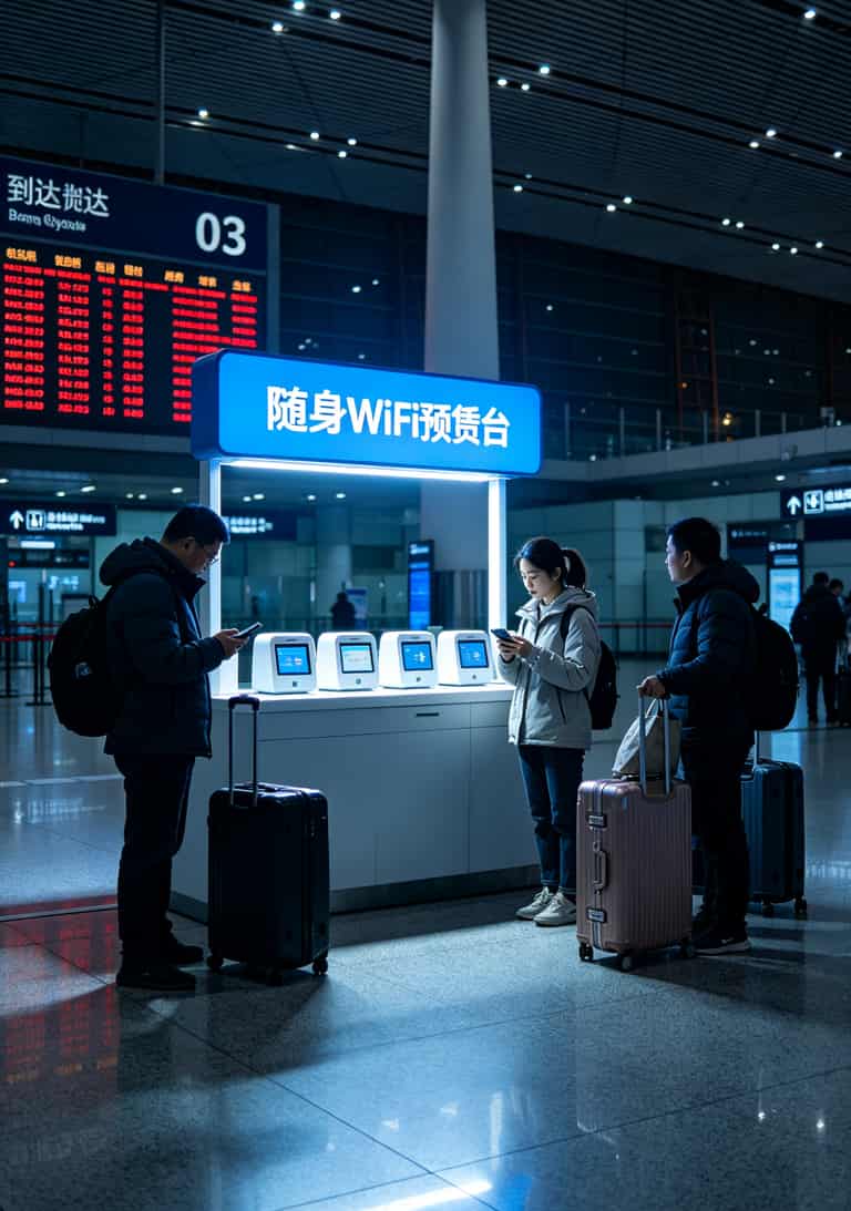 9元套餐流量卡是真的吗?我花两个月租了24台随身WiFi跑遍北京,真实账单全公开 北京首都机场T3航站楼随身WiFi租赁柜台前旅客排队场景