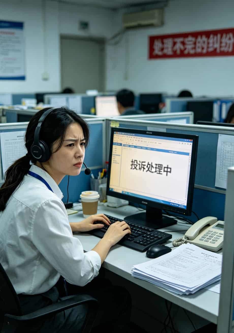 跑了半个广西,我终于搞懂了:办理电信流量卡要多少钱才不会被坑? 客服在电脑前处理投诉的工作照