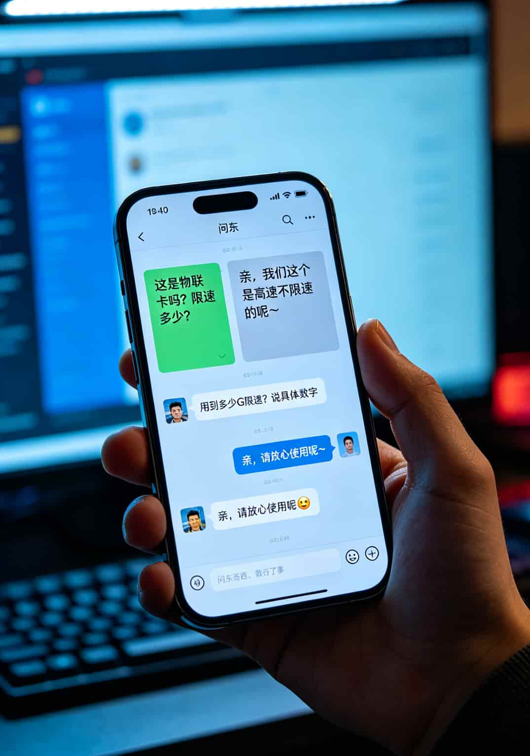 5元移动流量卡,我买了3张全翻车!说句难听的:这5块钱不如扔河里听个响 手机聊天截图,显示向客服提问“这是物联卡吗?限速多少?”