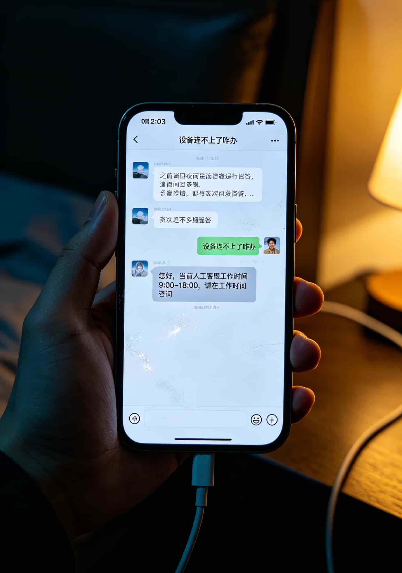 手机聊天截图，凌晨2点发给客服的消息，客服自动回复工作时间