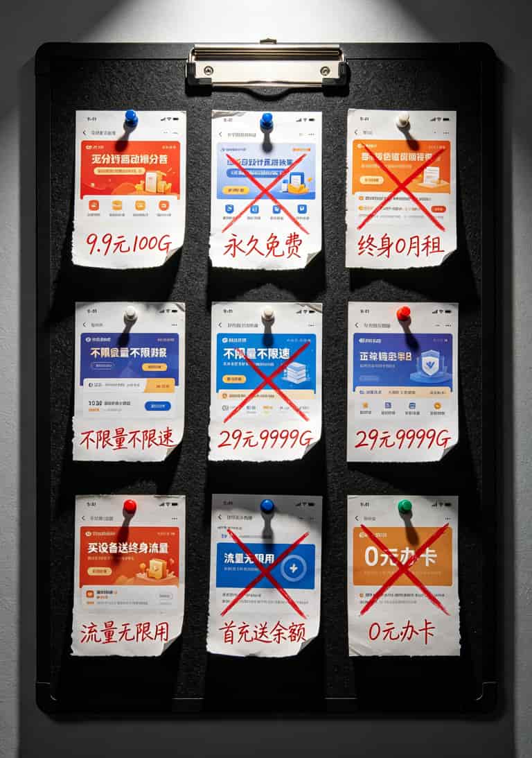 随身WiFi断网别硬扛!换张“超实惠流量卡”直接满血复活(华正易尚用户必看) 九种虚假流量卡宣传截图拼图,标注“永久免费”“9.9元100G”等