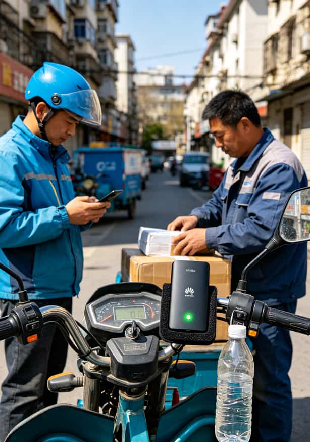 纯流量了卡申请前不看你血亏:华为随身WiFi插卡避坑指南(附真实踩坑案例) 快递员在电动三轮车上使用华为E5576的场景图,设备固定在仪表盘旁