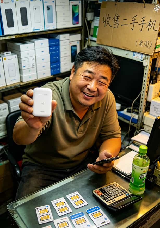 踩坑6千块才搞明白:便宜的流量卡移动套餐,到底哪家是真的?(答案在开头) 老周在档口跟客户聊天的抓拍,手里拿着一个随身WiFi