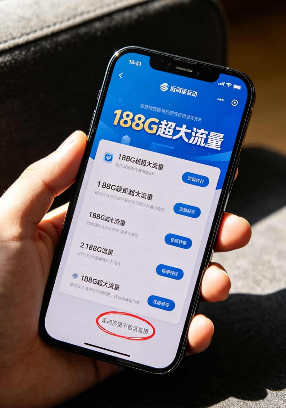 19元180G的办卡流量卡,我替你们踩了6次坑(8个真人真事+9步防坑) 手机屏幕显示流量套餐详情页,小字部分用红圈标注