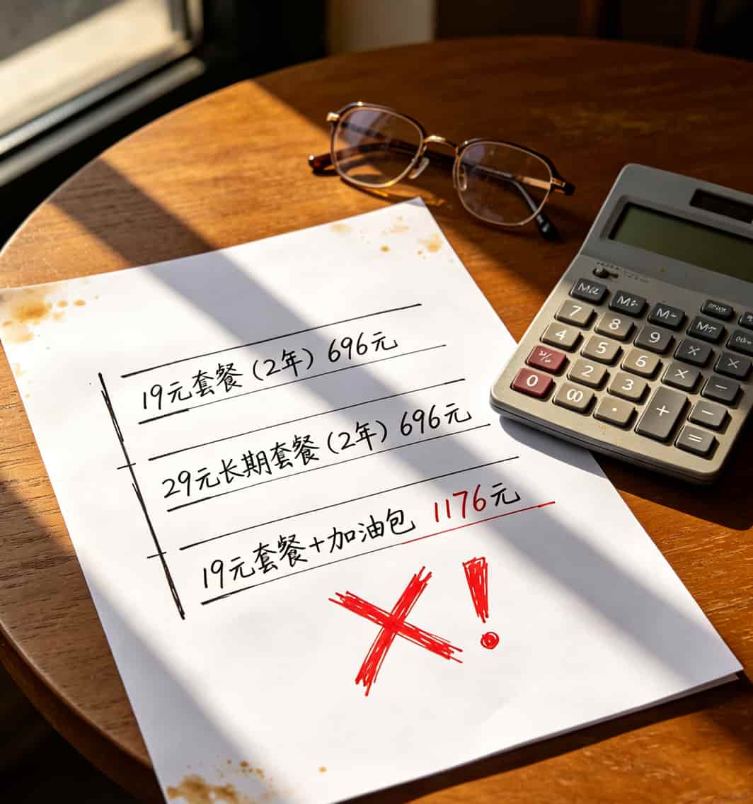 19月租流量卡用了两年,有些话不吐不快(附真实踩坑清单) 两年套餐总花费对比表格,19元方案696元vs29元方案696元vs19元加加油包方案1176元