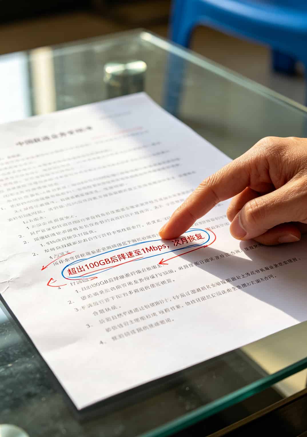 任丘办流量卡办理踩坑3次后,我整理出这份随身WiFi避坑指南 联通套餐合同小字特写,显示达量降速条款