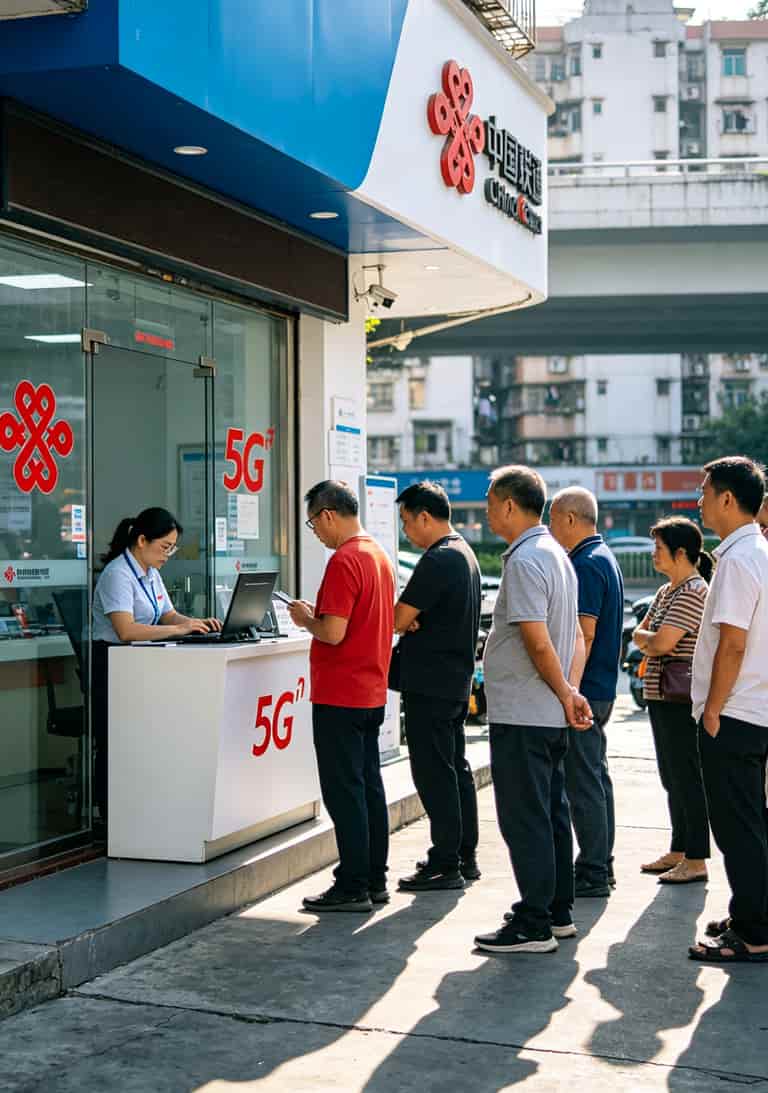 联通卡0元不限量流量包办理?我跑了深圳6家营业厅,最后靠一台华为随身WiFi真薅到了羊毛 深圳龙华联通营业厅门口实拍,排队人群和5G广告牌