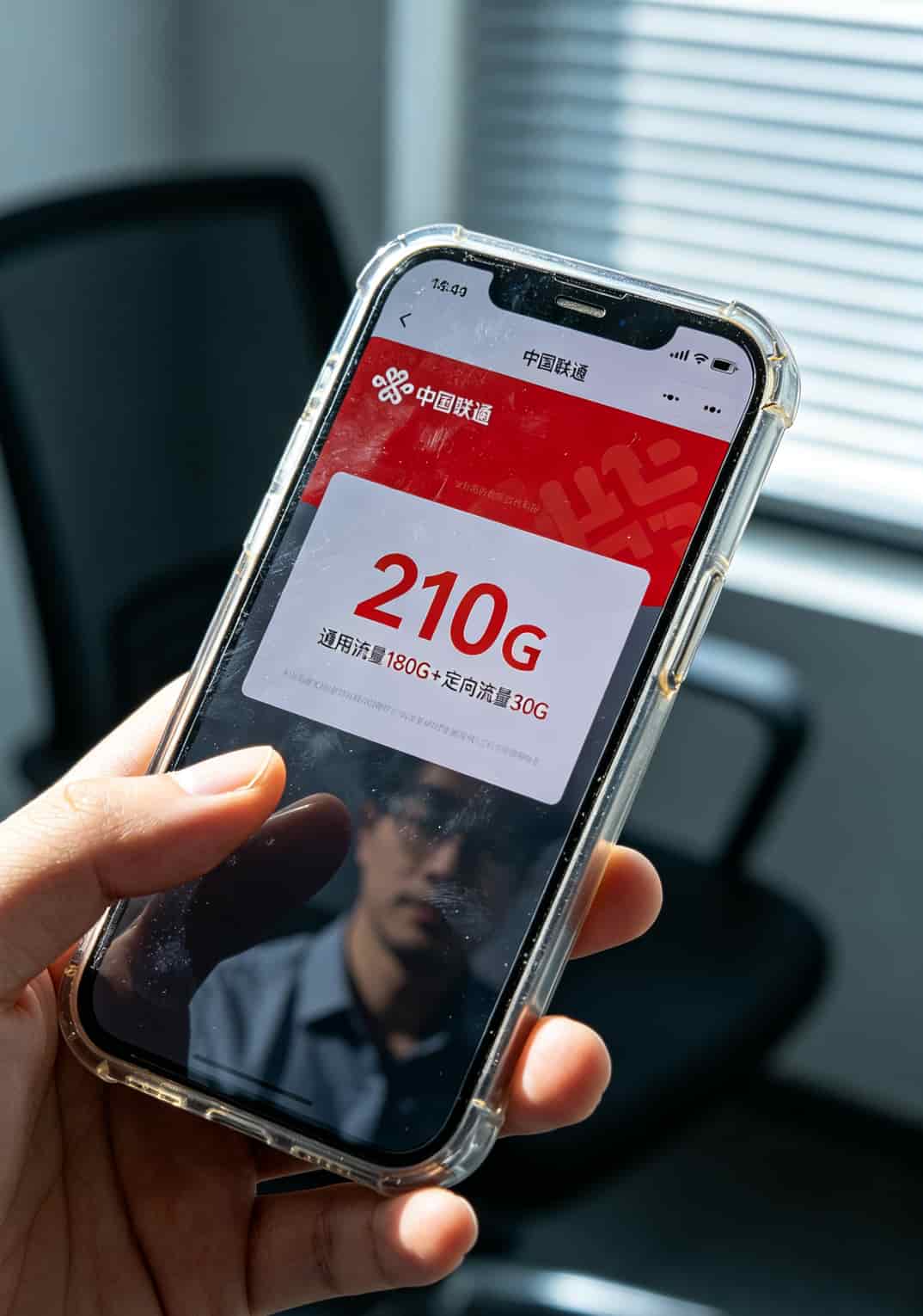 手机屏幕显示联通APP套餐详情页面，210G流量标识清晰可见