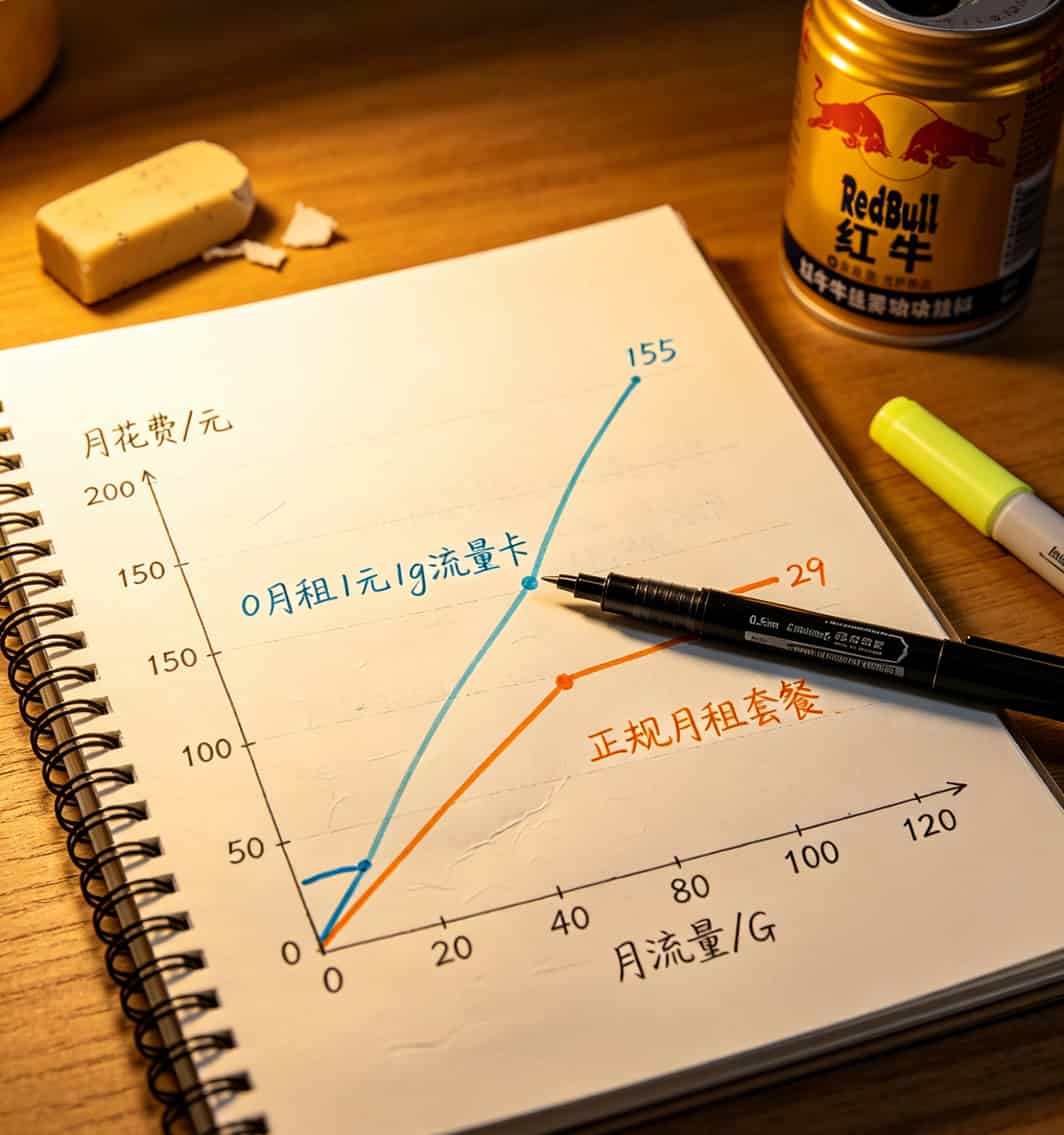 每月流量不到20G的别划走!“0月租1元1g流量卡”到底香不香,我亏了三千块总算搞明白了 轻度用户和重度用户的流量成本对比折线图,手绘风格,显示20G为盈亏平衡点