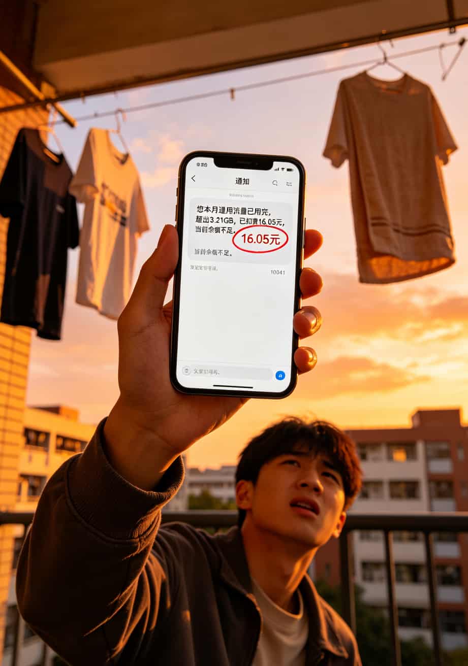 流量卡10g能用多久?我花了3年时间实测京东校园卡,答案跟你想的不一样 流量超限扣费短信截图,金额用红圈标出