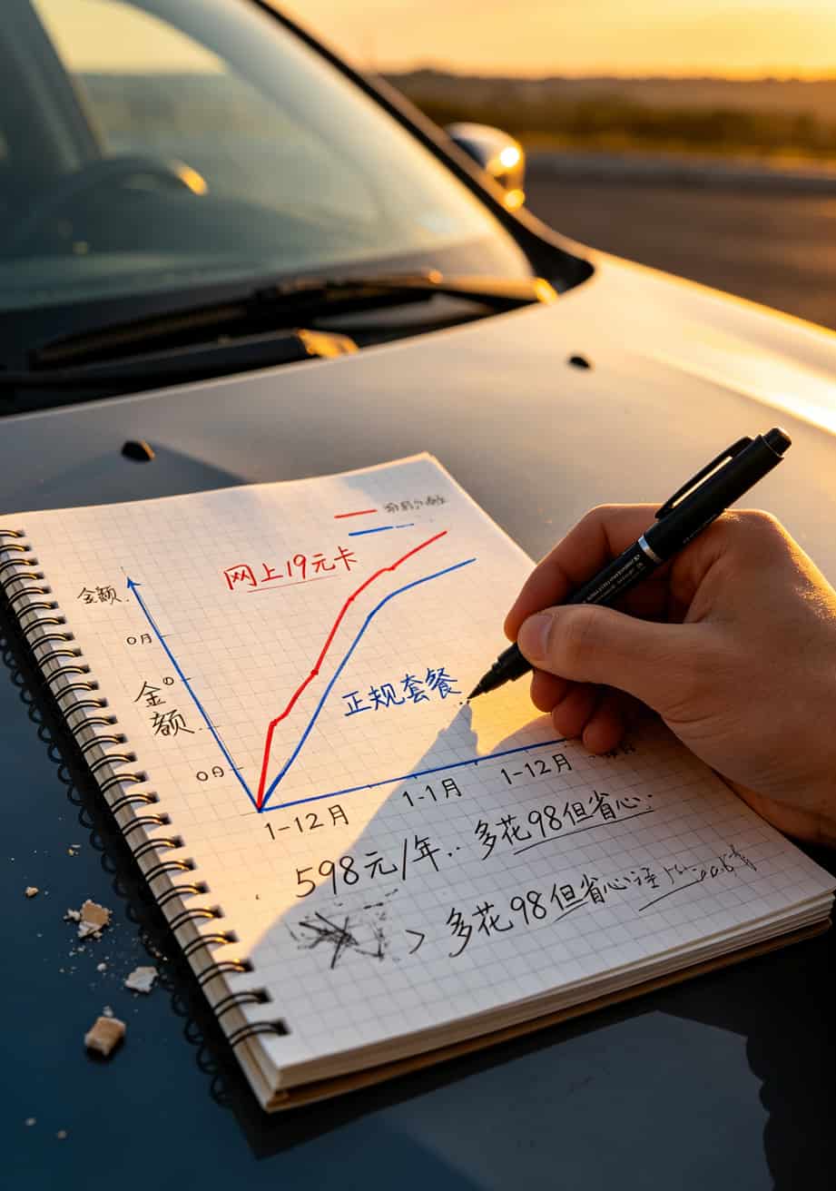 车机流量卡插哪里?19元200g我用吐血了,成都司机三年踩坑实录(附避坑清单) 一年流量成本对比折线图,显示网上卡成本逐月上升