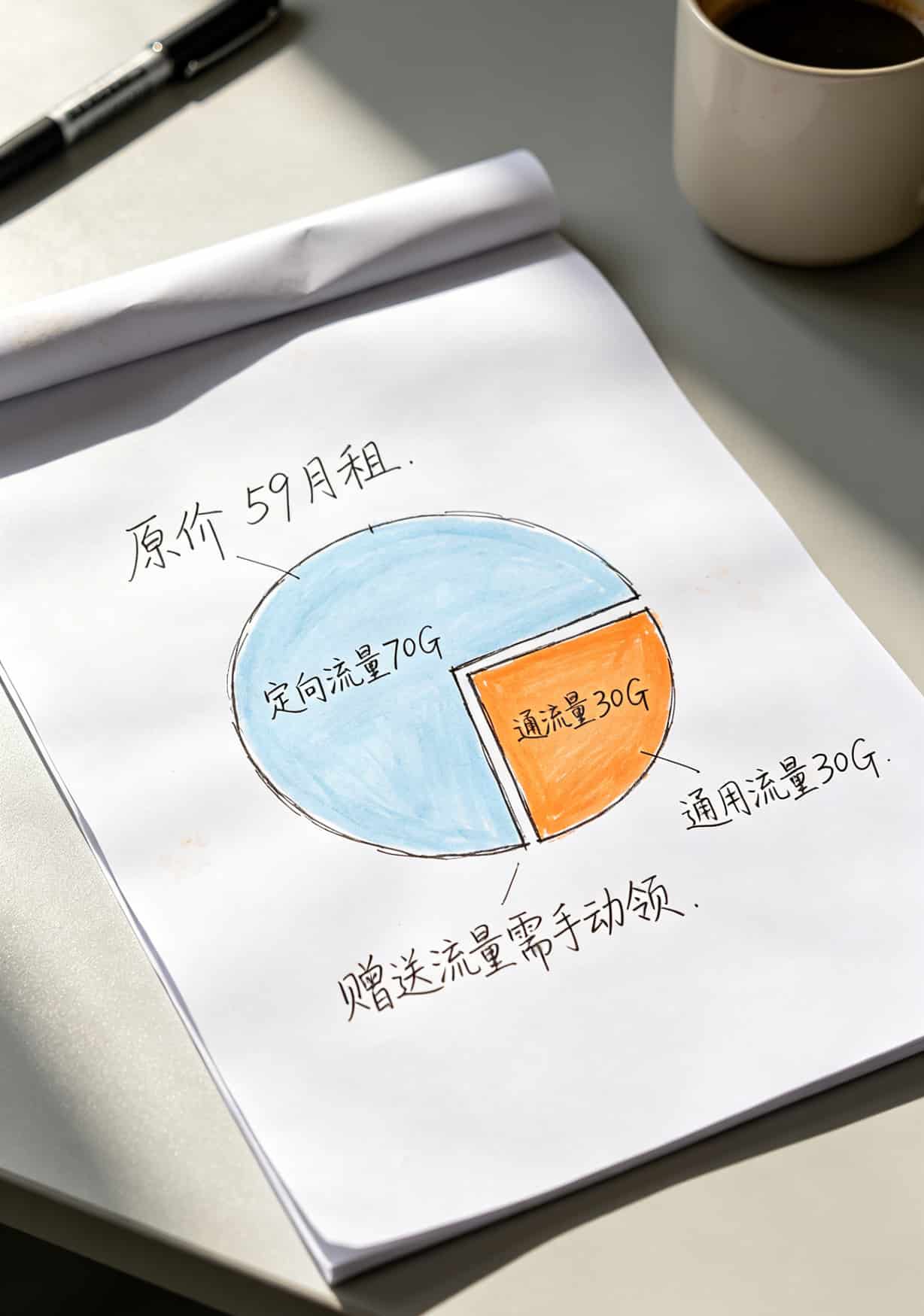19元100G的移动流量包,我替你们踩了3次坑才敢写这篇大实话 移动流量包通用流量和定向流量构成对比图