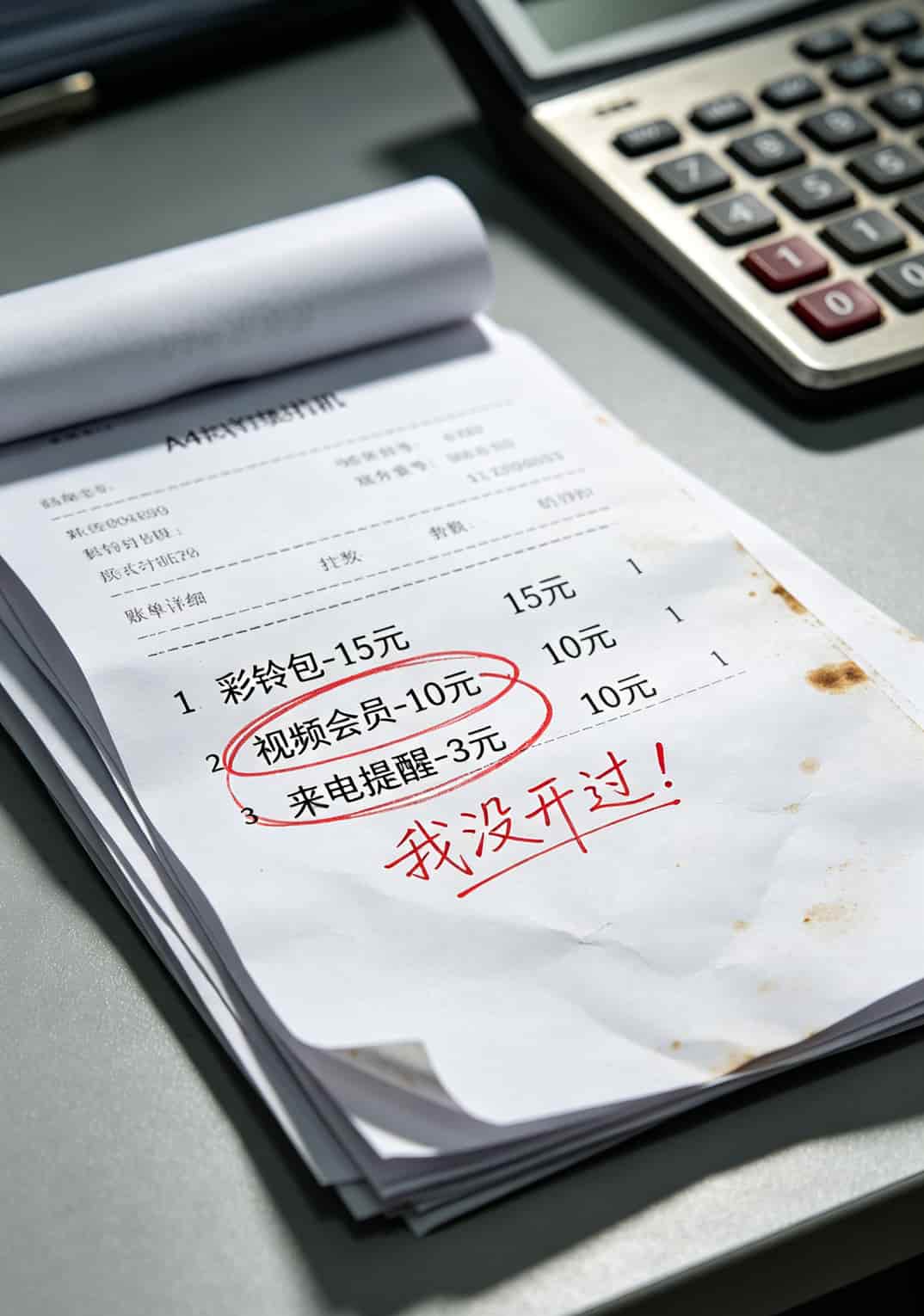 流量卡水太深,我办了十几张才找到能自己选号的(附真实避坑清单) 营业厅打印的账单明细照片,红圈标出彩铃包、视频会员和来电提醒三项