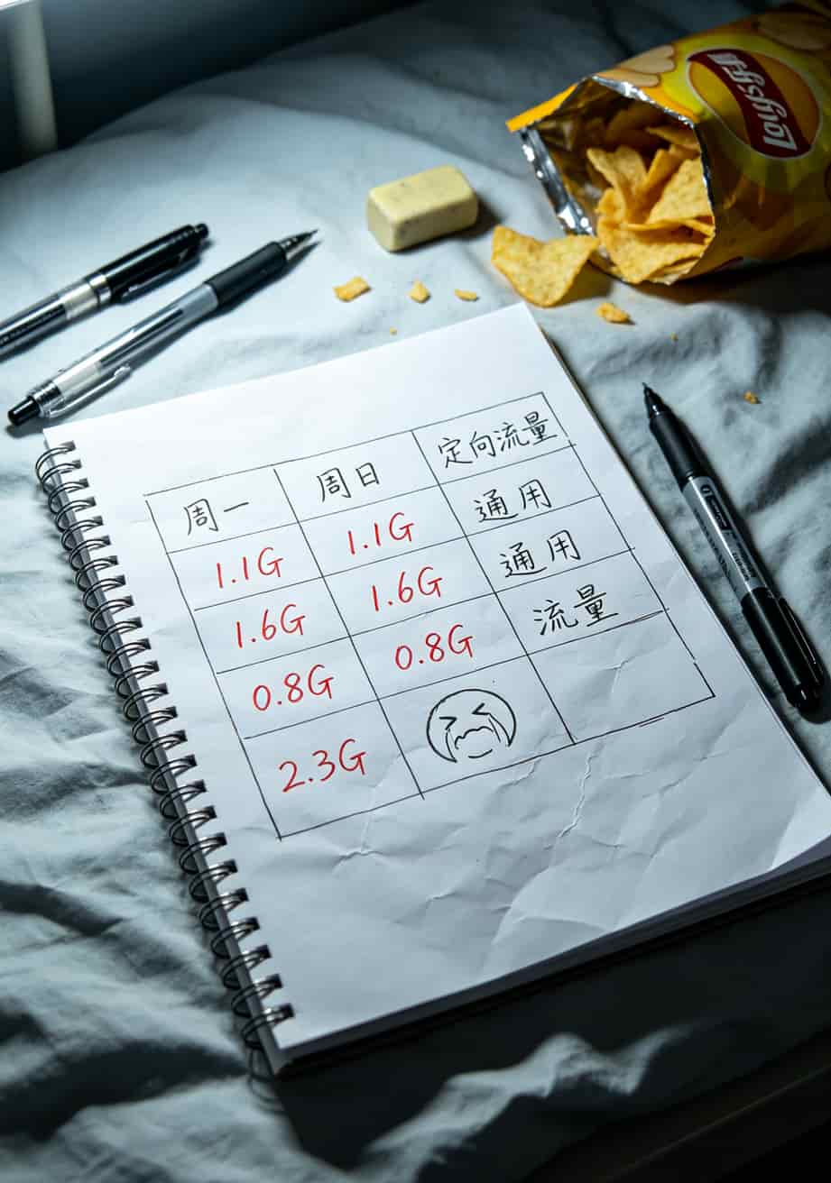 流量卡10g能用多久?我花了3年时间实测京东校园卡,答案跟你想的不一样 一周流量使用记录表格,每天消耗标注红色