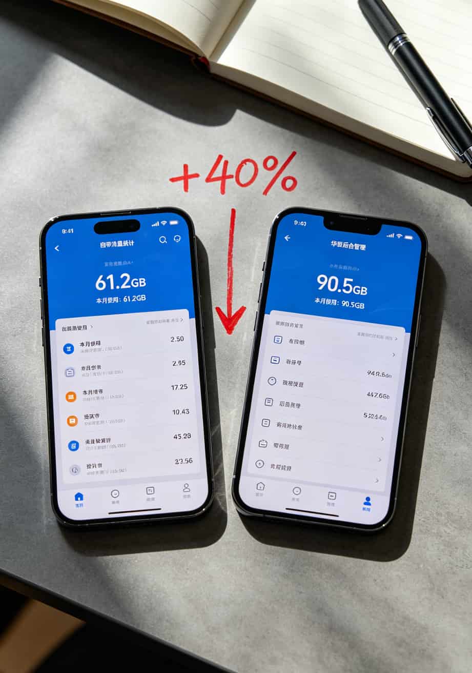 1500g的流量卡实测:花2300块踩了4个坑,留了一台自用,跟你说点大实话 手机流量统计与华域后台数据对比图,显示40%虚标