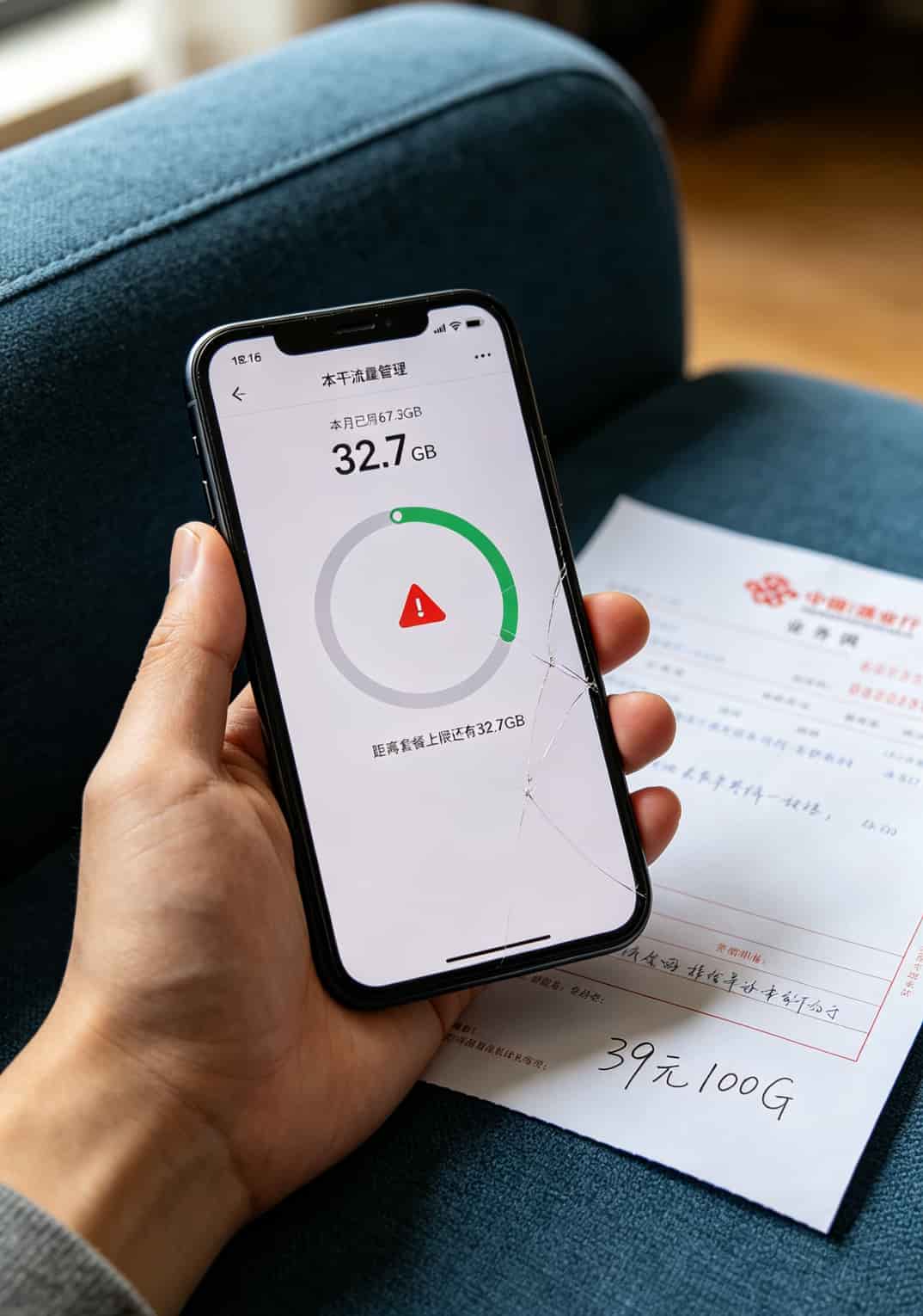 华为随身WiFi流量卡踩坑三次后,我整理出这张超优惠流量卡避坑清单 华为智慧生活APP显示当月已用流量67.3GB,剩余32.7GB,旁边有一个红色提醒图标