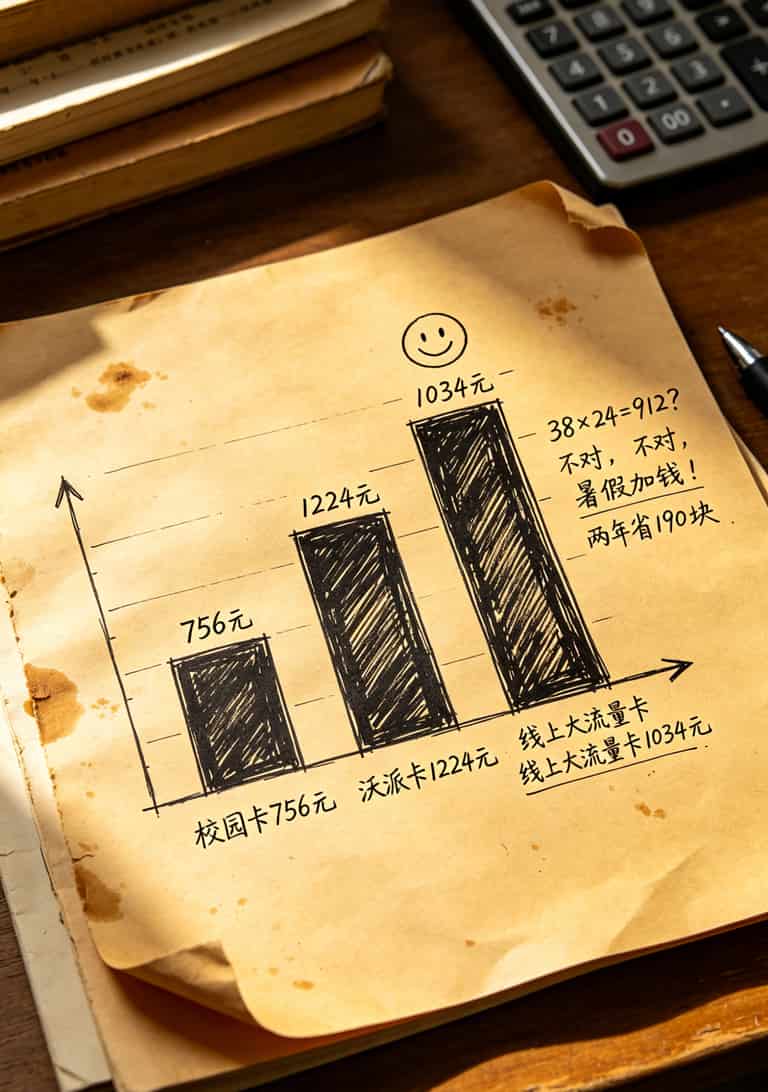 两年总成本对比柱状图，三张卡756、1224、1034