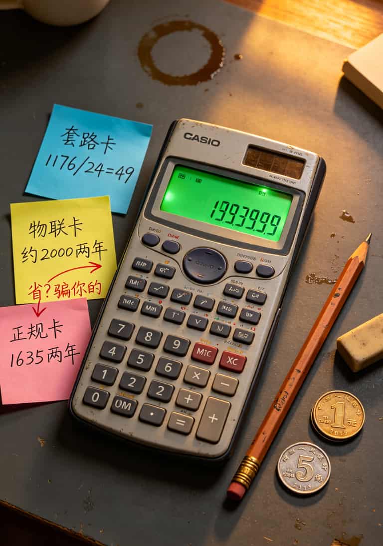 跑了三年冤枉路,终于搞懂了什么叫好用的流量卡套餐(这6个坑你一定也遇到过) 计算器屏幕上显示三组数字对比,分别标注“套路卡”“物联卡”“正规卡”,差额用红色箭头标出