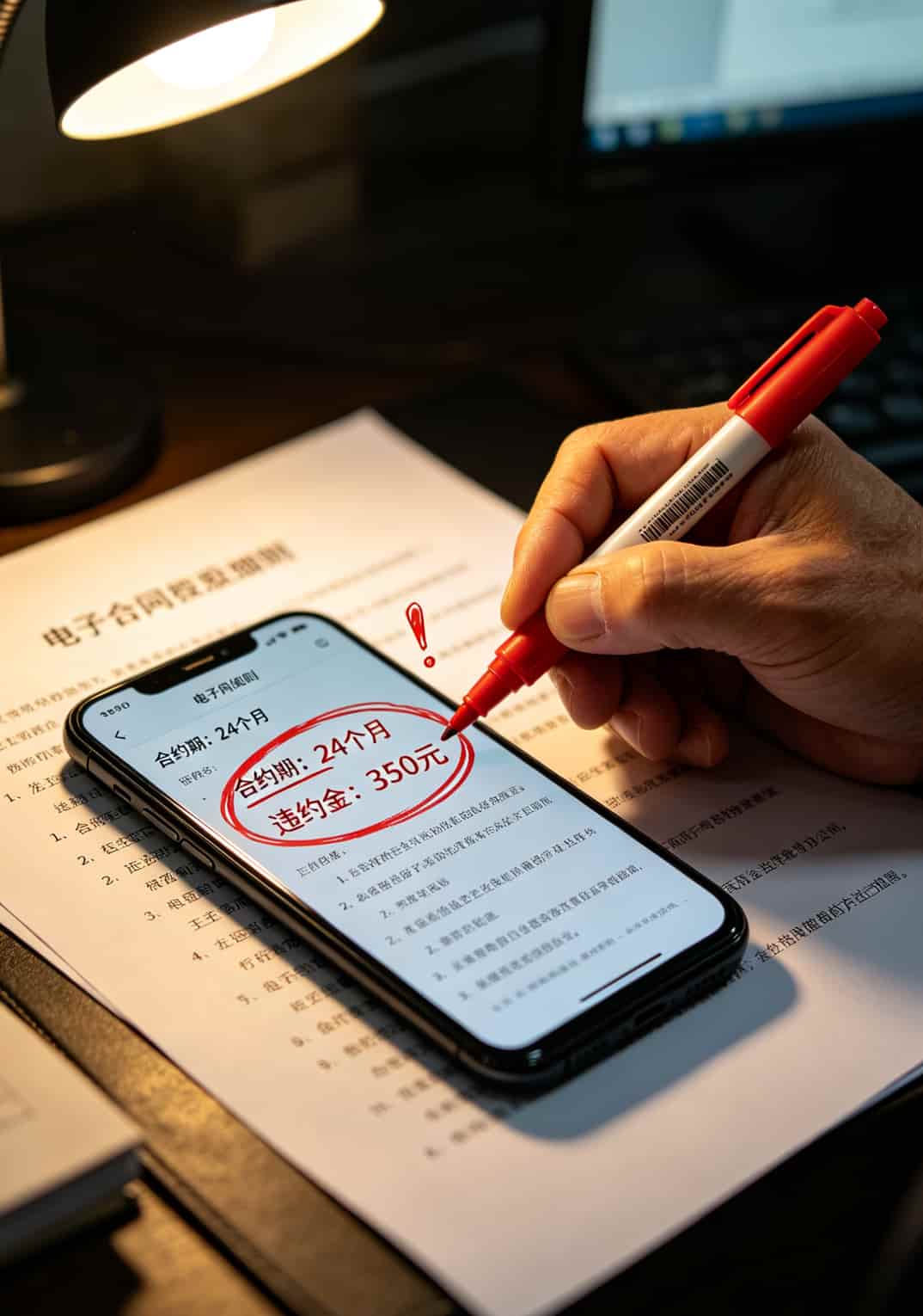 一张高亮标注的合约期条款截图，显示24个月合约和350元违约金