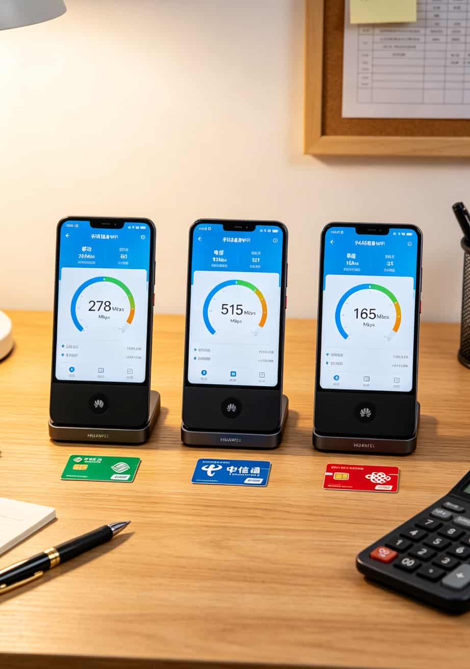 三年换了四张“打开流量卡”,华为随身WiFi到底是不是智商税?答案戳这里 三张运营商SIM卡网速测试数据柱状对比图