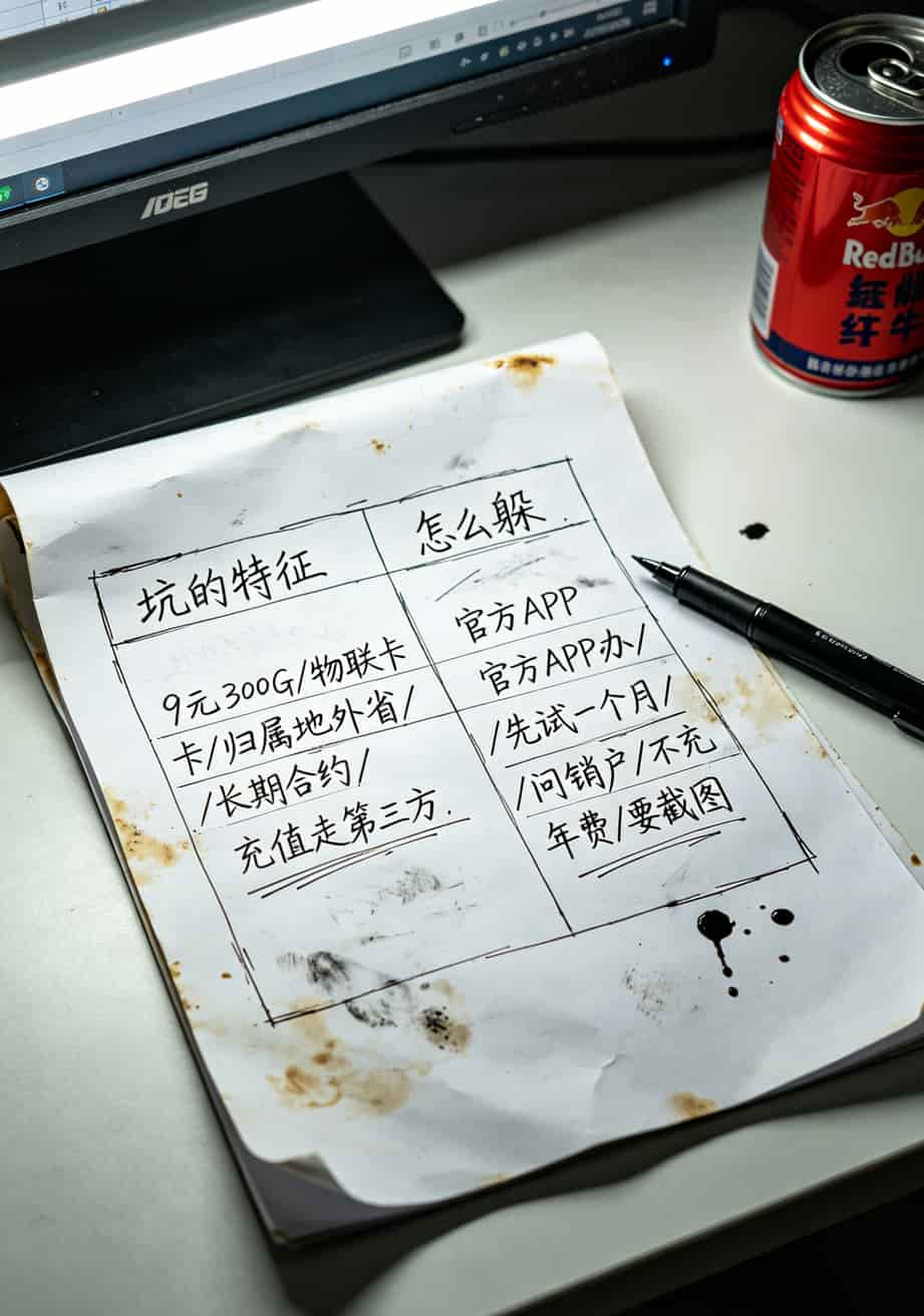 跑了三年冤枉路,终于搞懂了什么叫好用的流量卡套餐(这6个坑你一定也遇到过) 一张表格截图,左侧列出五类陷阱套餐特征,右侧对应避开方法,简单直接