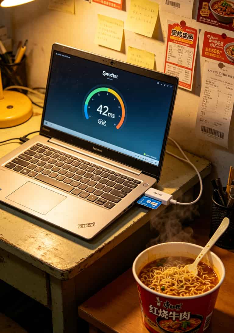 办理流量卡划算吗?算完这笔账,我把华为随身WiFi扔进储物箱吃灰了 USB上网卡插在笔记本电脑上,旁边放着一张流量卡