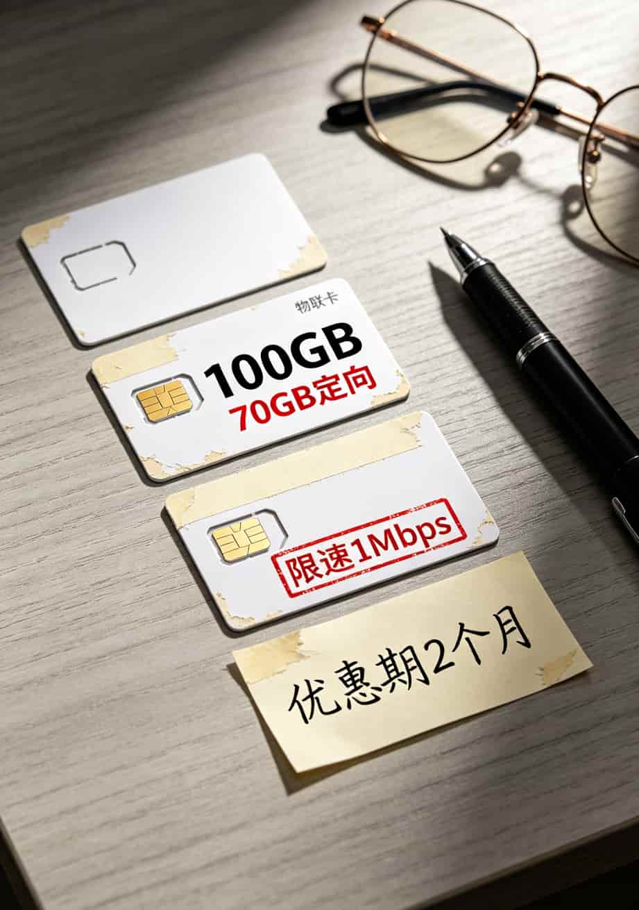 月租19块80G流量,我换了8张卡才找到这张神卡(附避坑指南) 四种常见流量卡陷阱的示意图,分别标注物联卡、虚标流量、达量限速、优惠期短