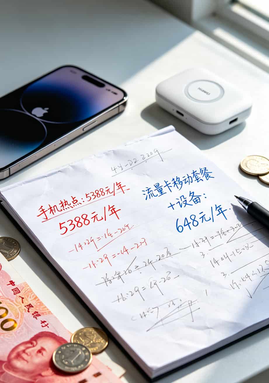 花3000块买来的教训,流量卡移动随身WiFi这么选才对(2026实测版) 手机热点与随身WiFi一年成本对比柱状图