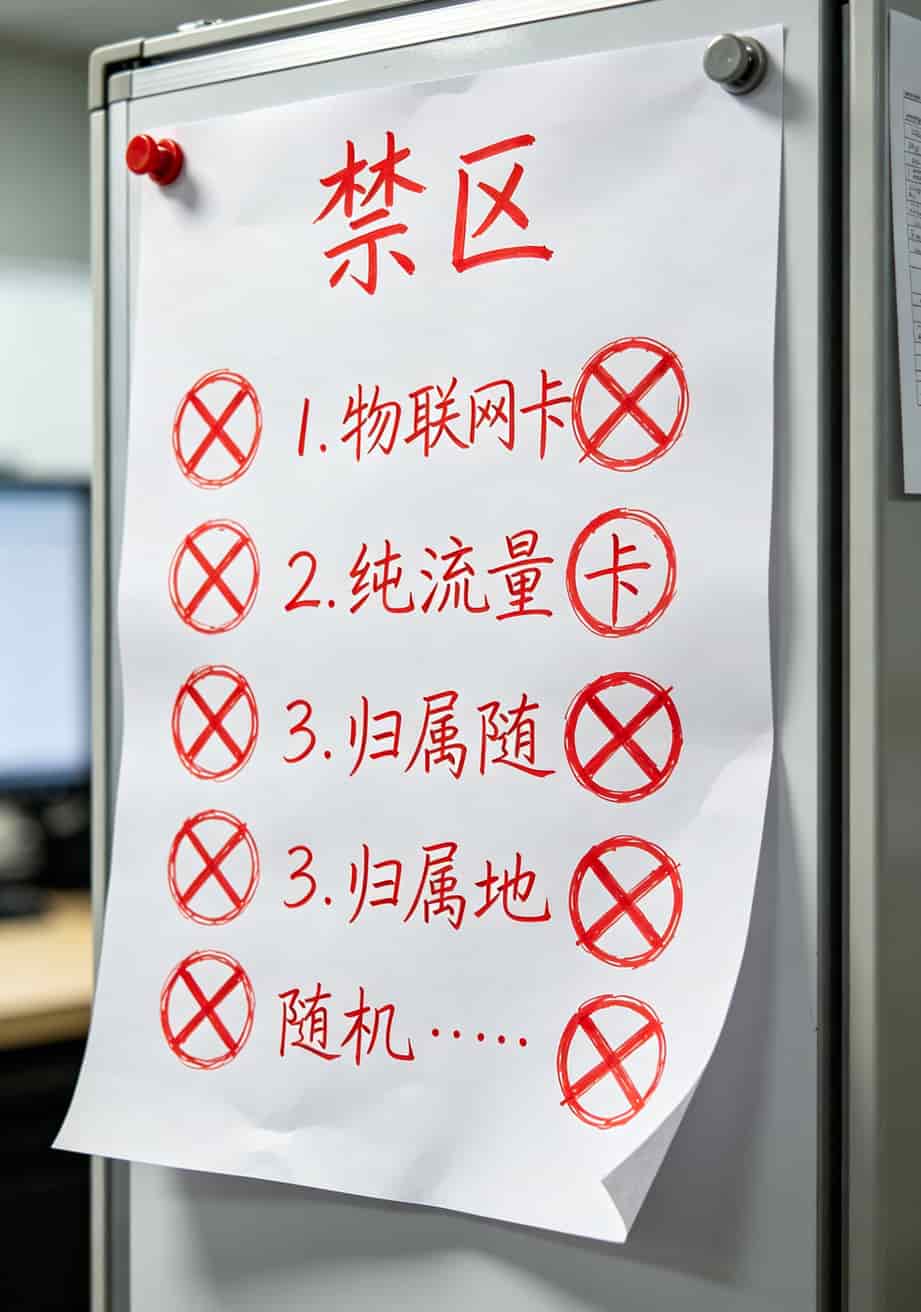 一张标注了8个红色禁止符号的卡片清单图