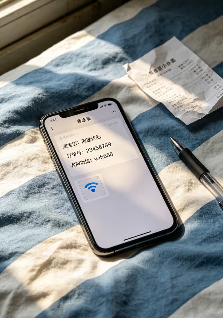 15元移动流量无线卡值不值?我自己折腾两年,答案是:值,但得会挑 手机备忘录截图,里面存了店铺名、订单号、客服微信二维码