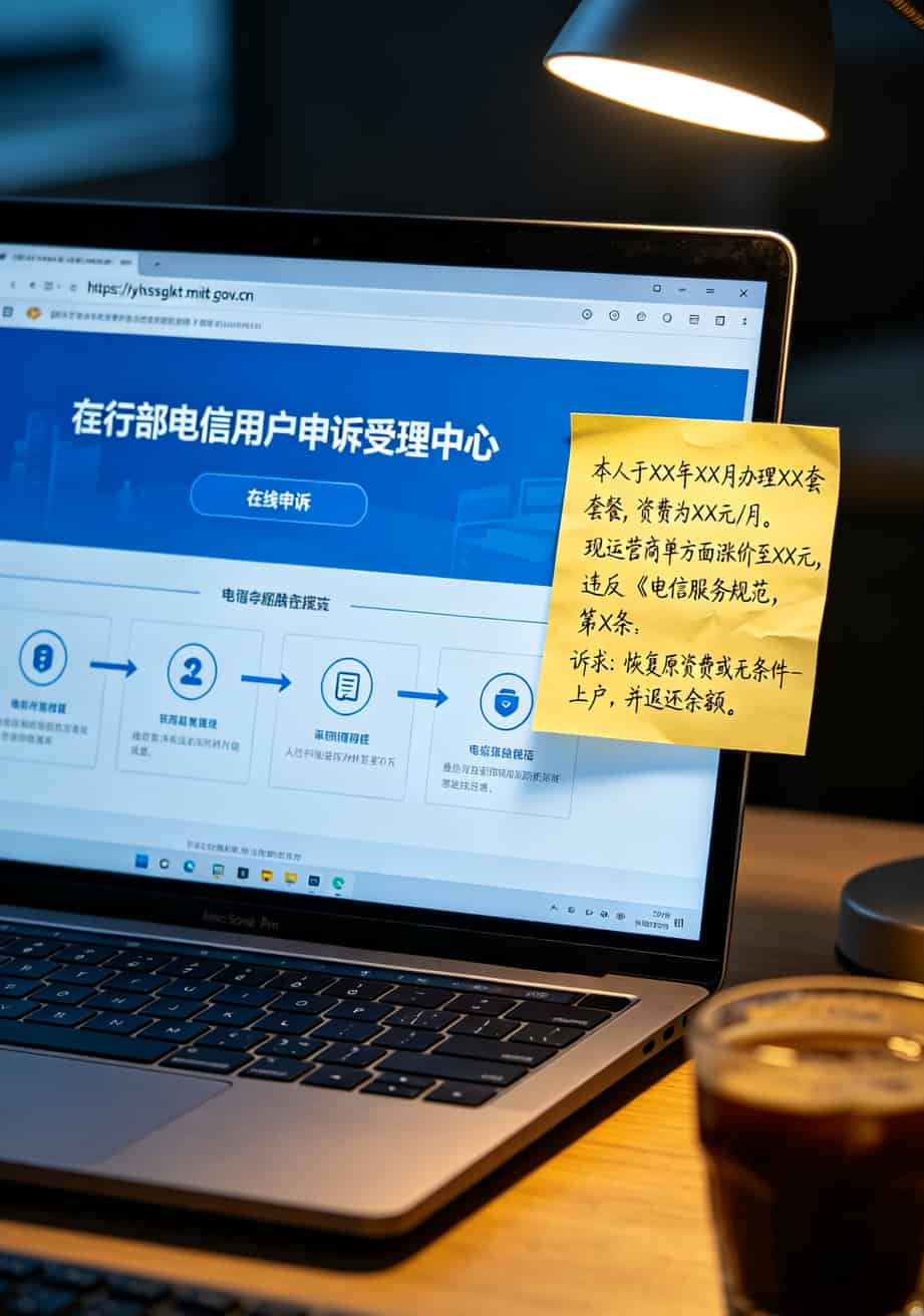 2元不限量流量卡是真是假?实测京东29元卡和校园卡,省下800块 工信部投诉页面截图,显示投诉流程和话术模板