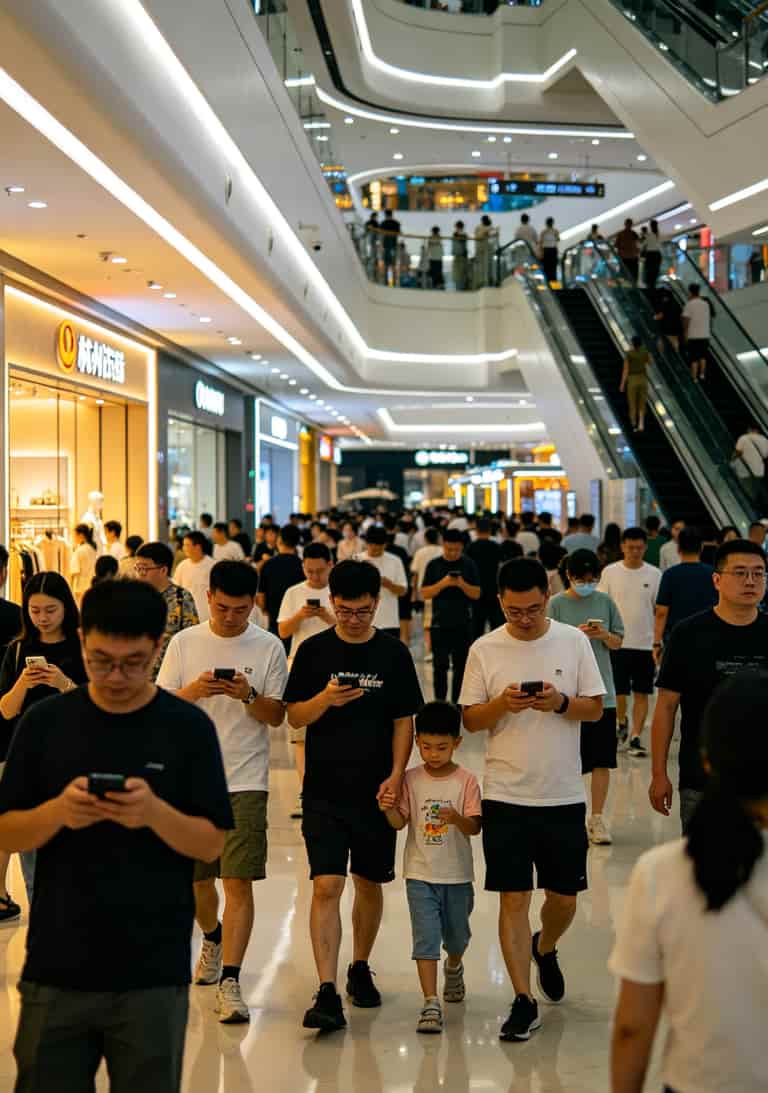 信号满格却刷不开网页?移动的流量卡这5个坑我替你踩过了 商场里拥挤的人群低头看手机