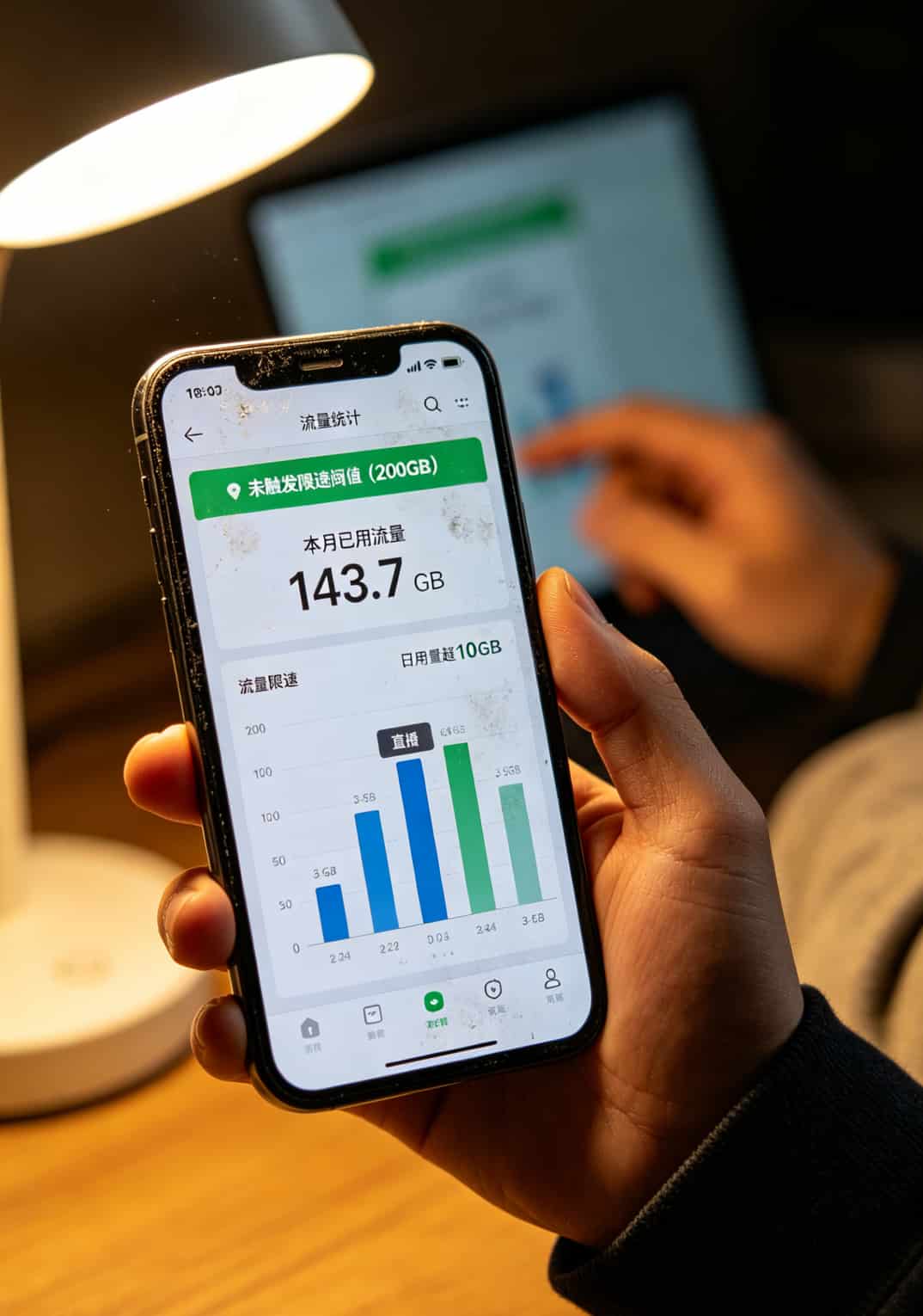 手机截图显示每月流量使用情况，140GB左右，未触发限速