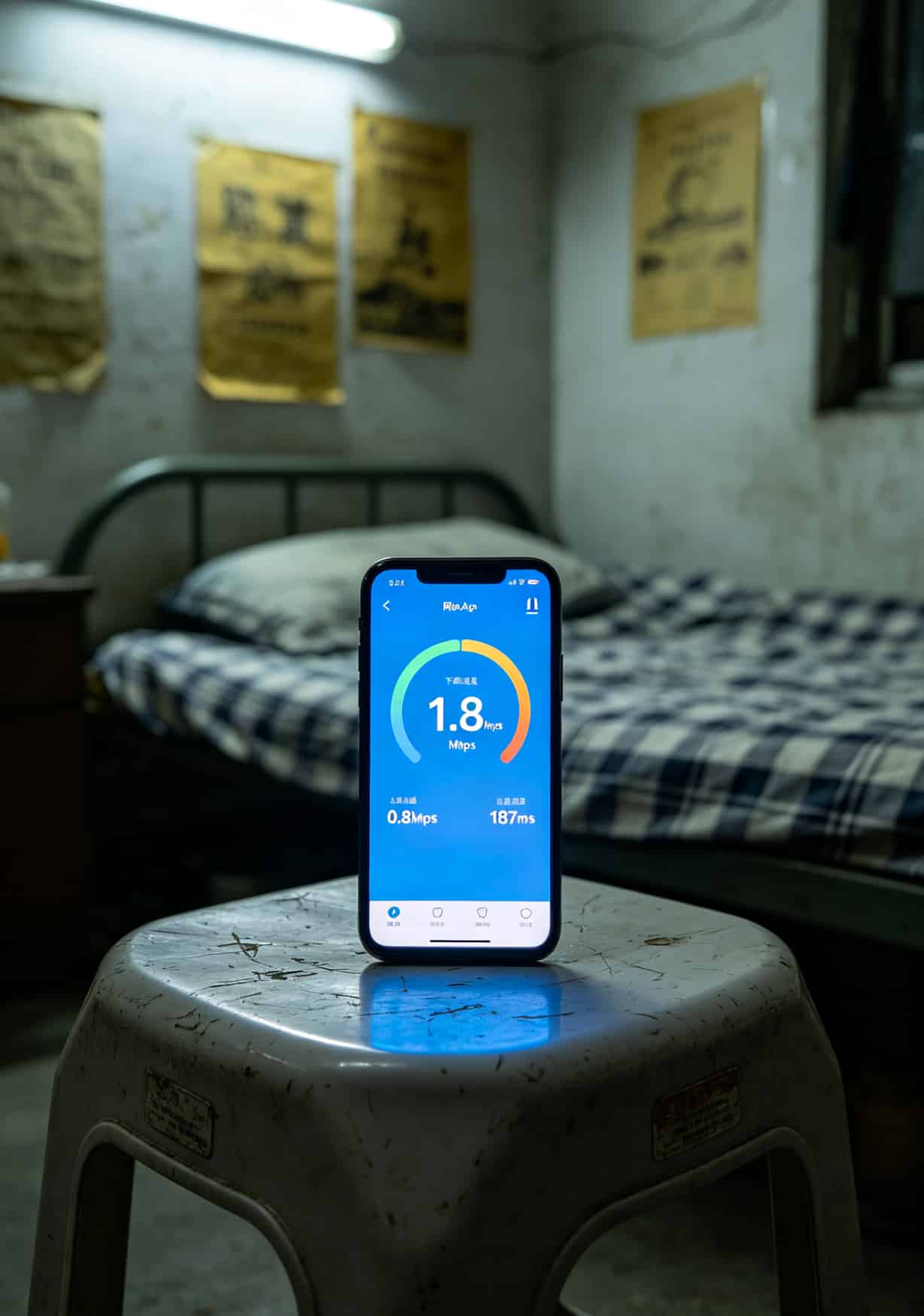 手机网速测试截图，显示被限速后的下载速度只有1.2Mbps