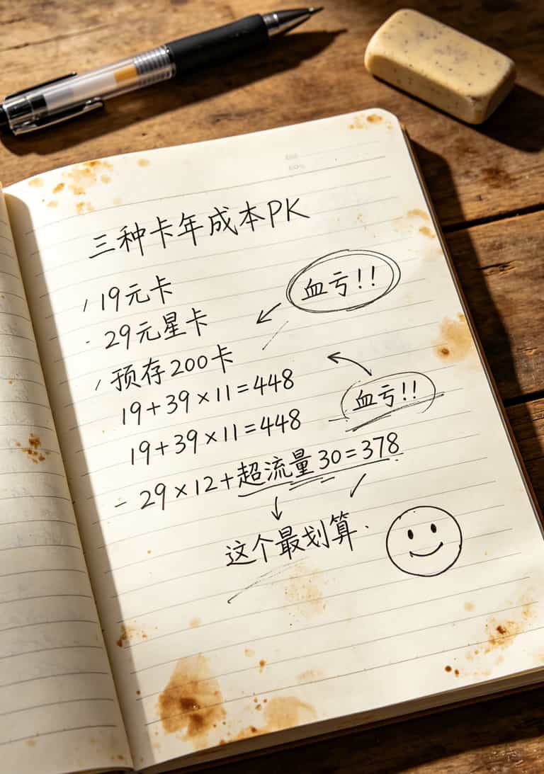 办张电信流量卡纯上网,别再交冤枉钱(京东踩坑20次后的大实话) 一张手写计算表格,上面列着三种卡的年成本对比
