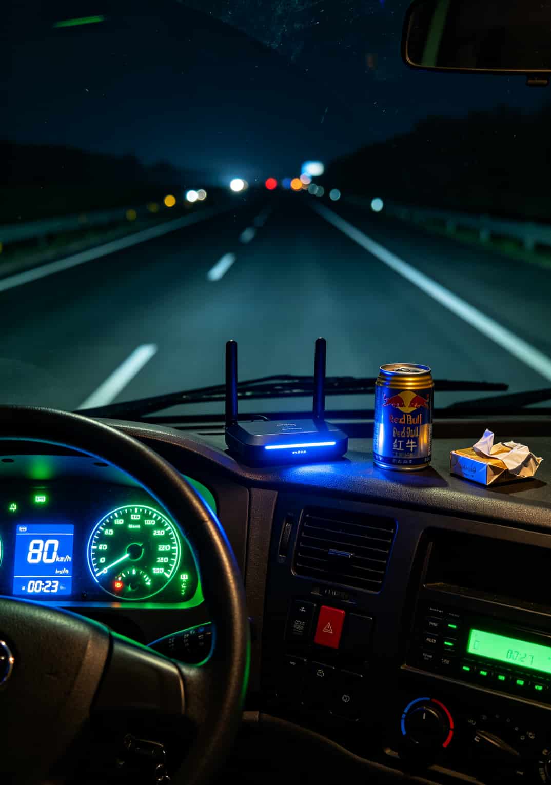 跑货车3年换了11张5g物联网流量卡,今天跟你交个底(附避坑指南) 夜间车内仪表盘,时间显示00:23,WiFi设备亮着蓝灯
