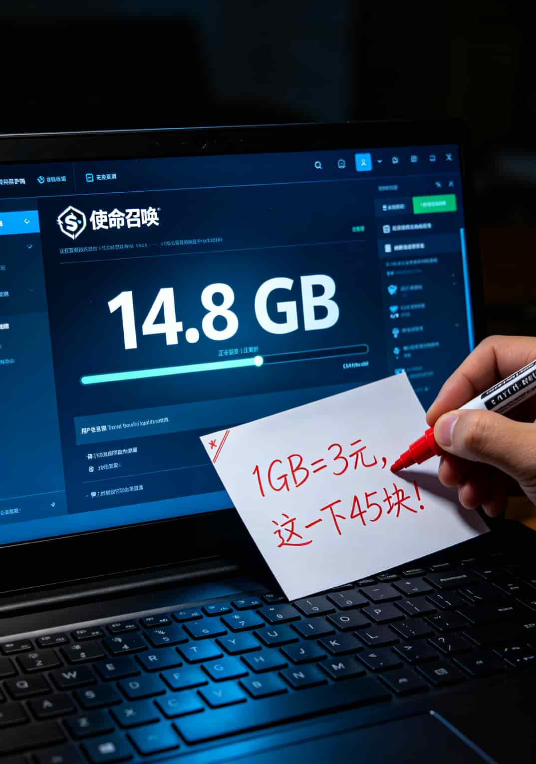 笔记本能插流量卡吗?我蹲了三天数码城,这些大实话帮你省下800块冤枉钱 游戏更新流量消耗警告图,标注一次更新10-15GB