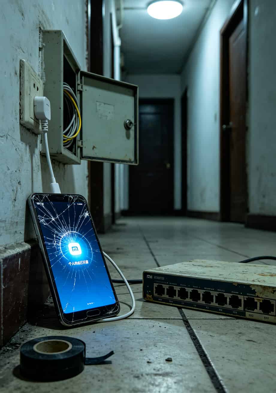 插流量卡的随身wifi,我经手一千多台后跟你说句大实话(2025终极排坑版) 一台屏幕碎裂的旧小米手机被改造成随身wifi,插着充电线放在弱电箱旁