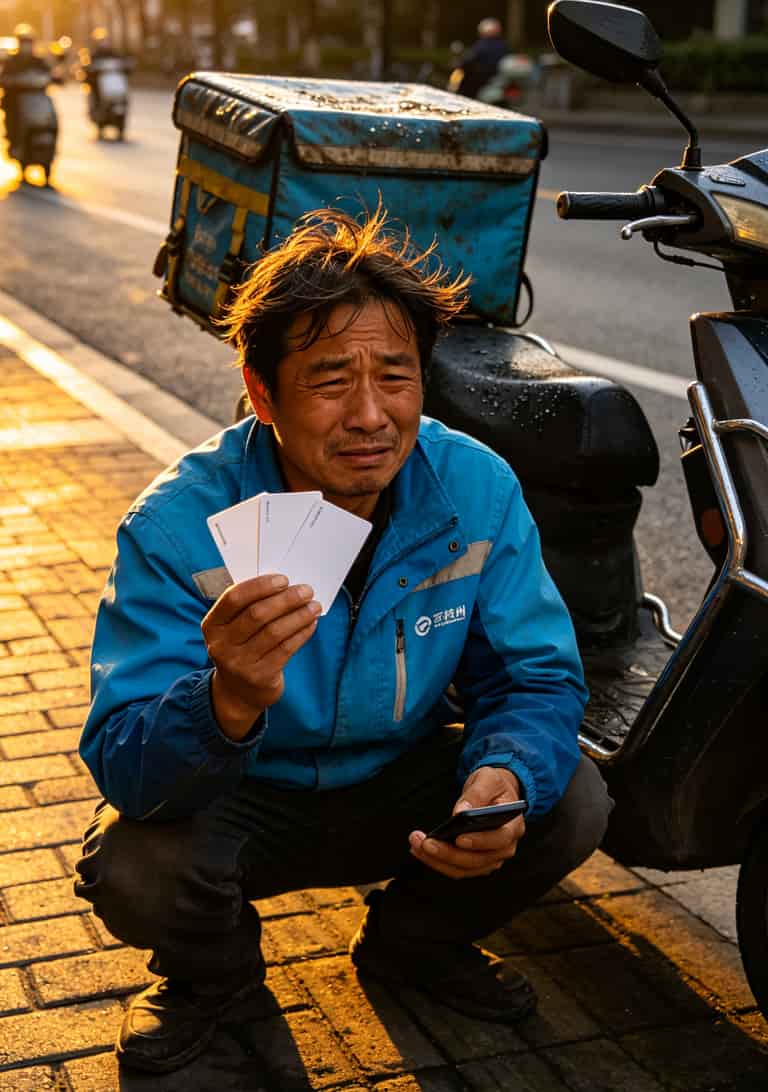 老张拿着三张废流量卡无奈地坐在外卖车上