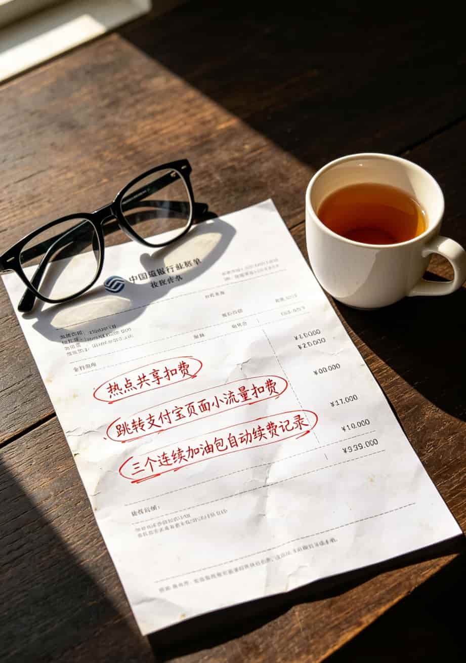运营商账单截图，标注热点流量和加油包扣费